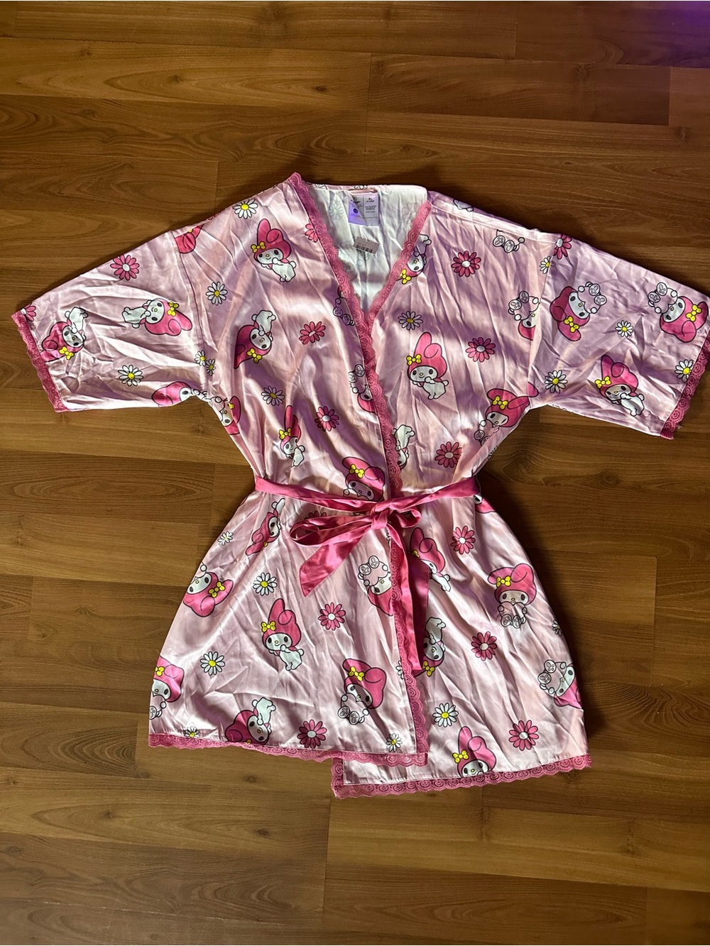 🆕 Sanrio My Melody Pink Character-Print Satin Robe with Tie Belt